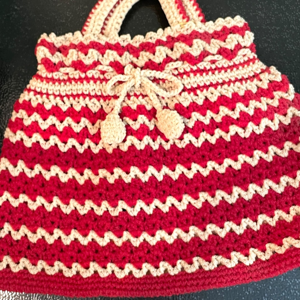 Crocheted Tote Bag Purse Tie Closure Hand Crafted